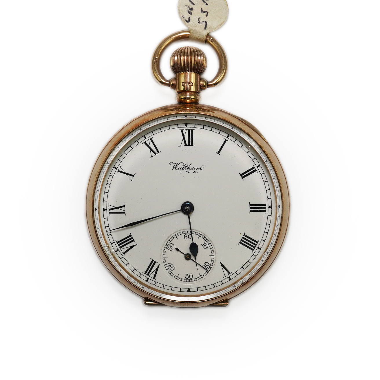 A George V 9ct gold Waltham open faced keyless pocket watch